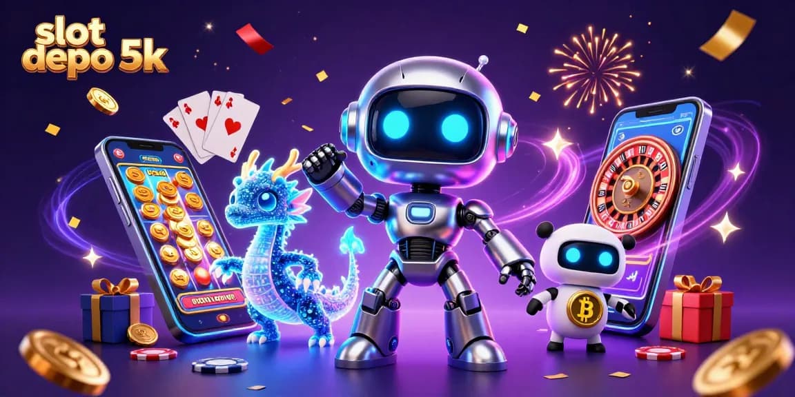 Engage with slot depo 5k's vibrant casino scene featuring a dynamic robot mascot, AI dragon, and crypto elements.