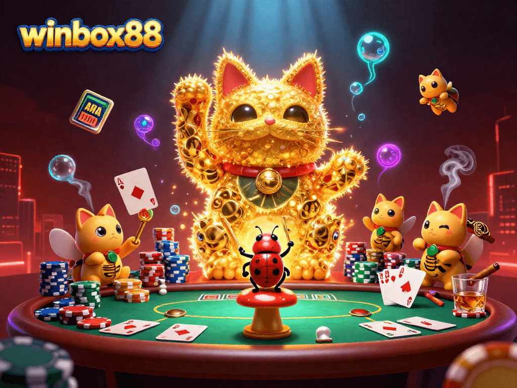 Experience the excitement of winbox88 with a vibrant scene featuring a lucky cat and poker elements.