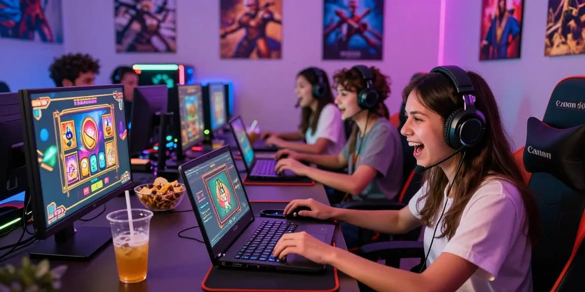 Exciting gaming atmosphere with players enjoying slot depo 5k games on laptops and vibrant visuals.