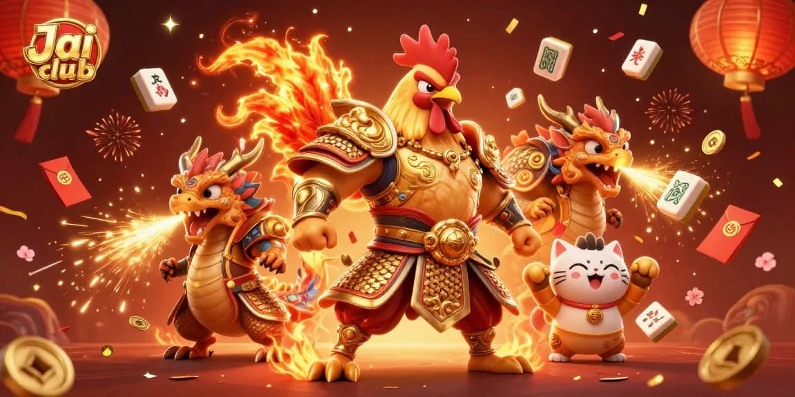 Experience excitement at Jai club with a powerful fighting rooster and dragon in a vibrant casino scene.
