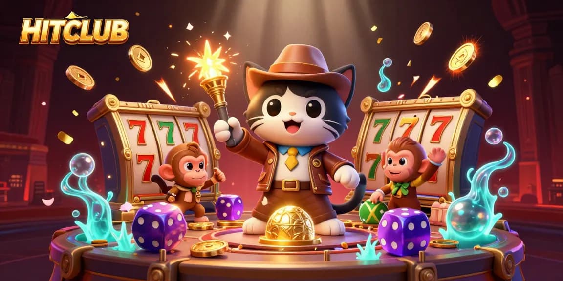 Play casino games at HITCLUB, where an explorer cat uncovers treasures amidst vibrant slot symbols.