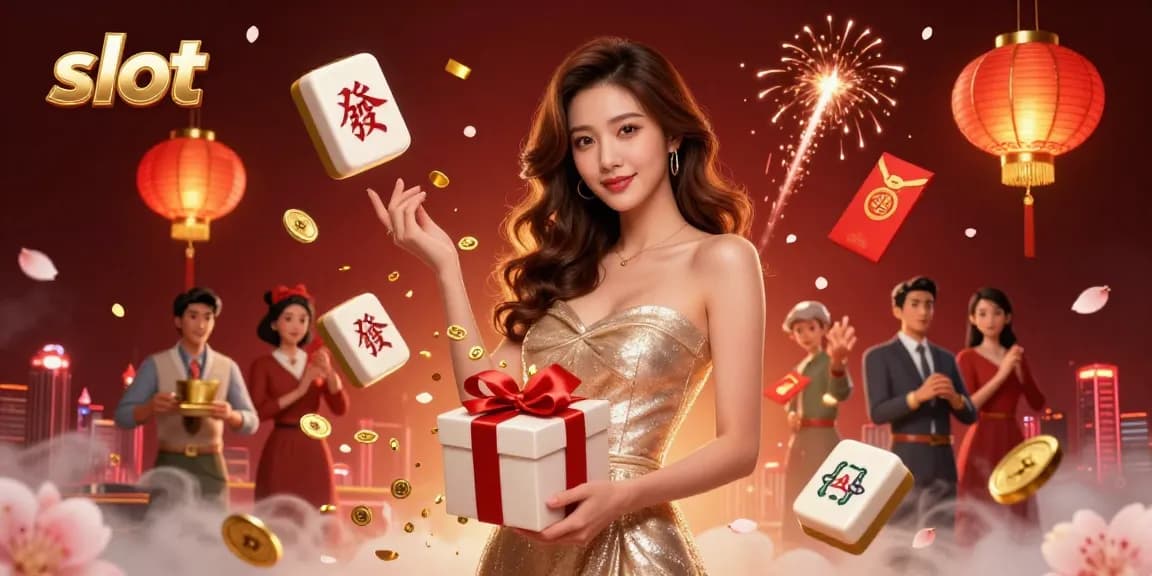Experience the thrill of slot gaming with a stunning casino scene featuring a beautiful Asian woman and festive decorations.