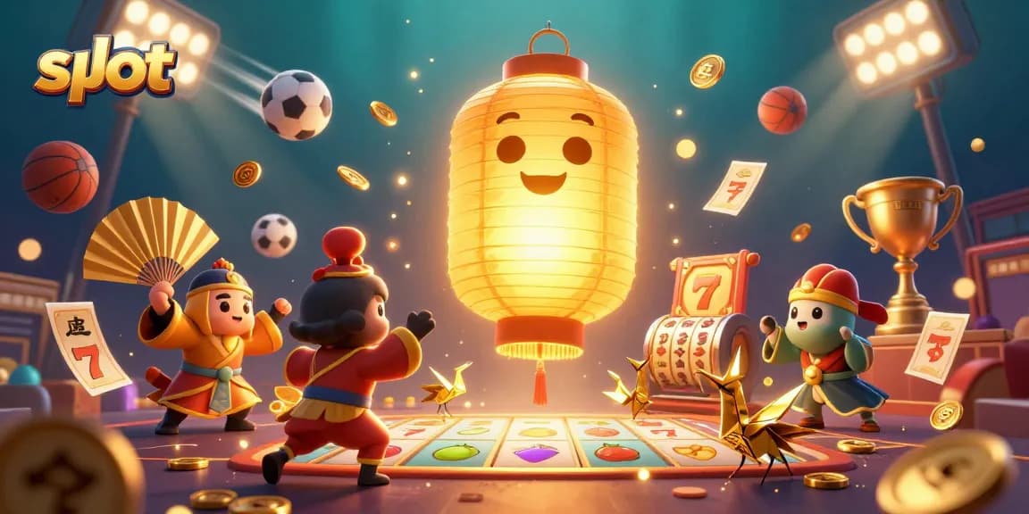 Spin vibrant slot reels surrounded by golden lantern spirit and sports elements for thrilling gameplay.