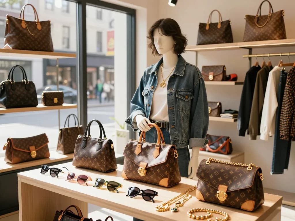 Trendy boutique showcasing high-quality 레플리카 fashion items with stylish model.