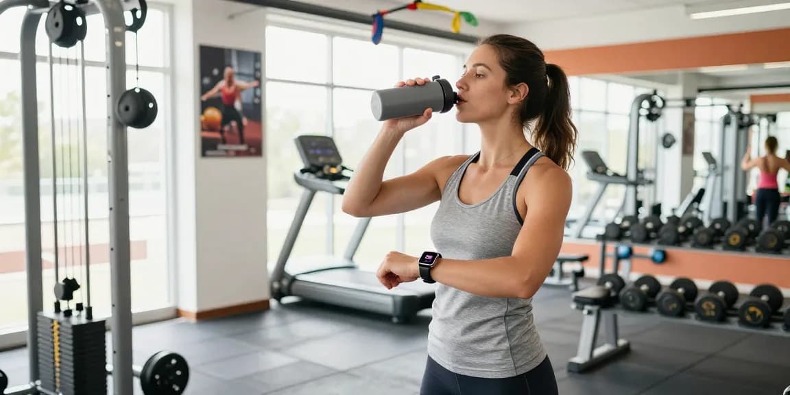 Orang menggunakan https://www.polarfitbitshop.com/fitbit-luxe/ di gym modern, memantau kesehatan dengan smartwatch sambil berolahraga.