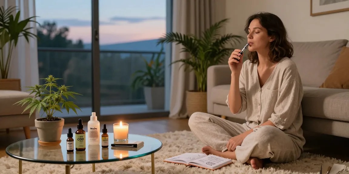 Relaxing scene with woman using Muha Med CBD vape pen in cozy living room, showcasing natural wellness atmosphere