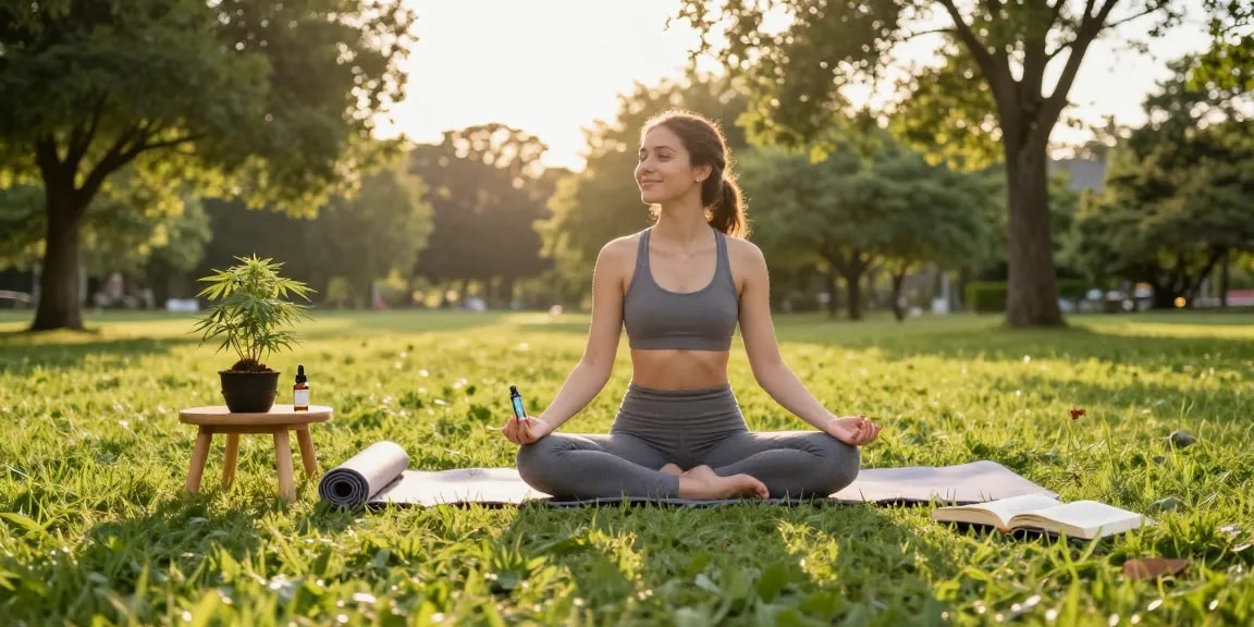 Relaxed woman enjoying her weed vape in outdoor yoga practice with CBD oil, showcasing natural wellness.