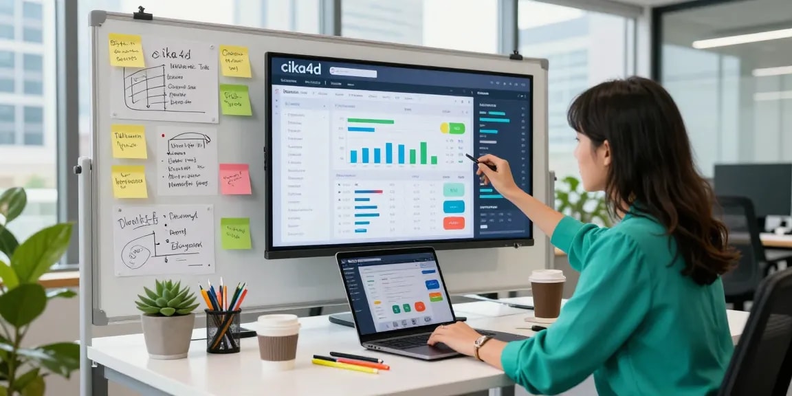 Marketing strategist analyzing cika4d data in a modern office