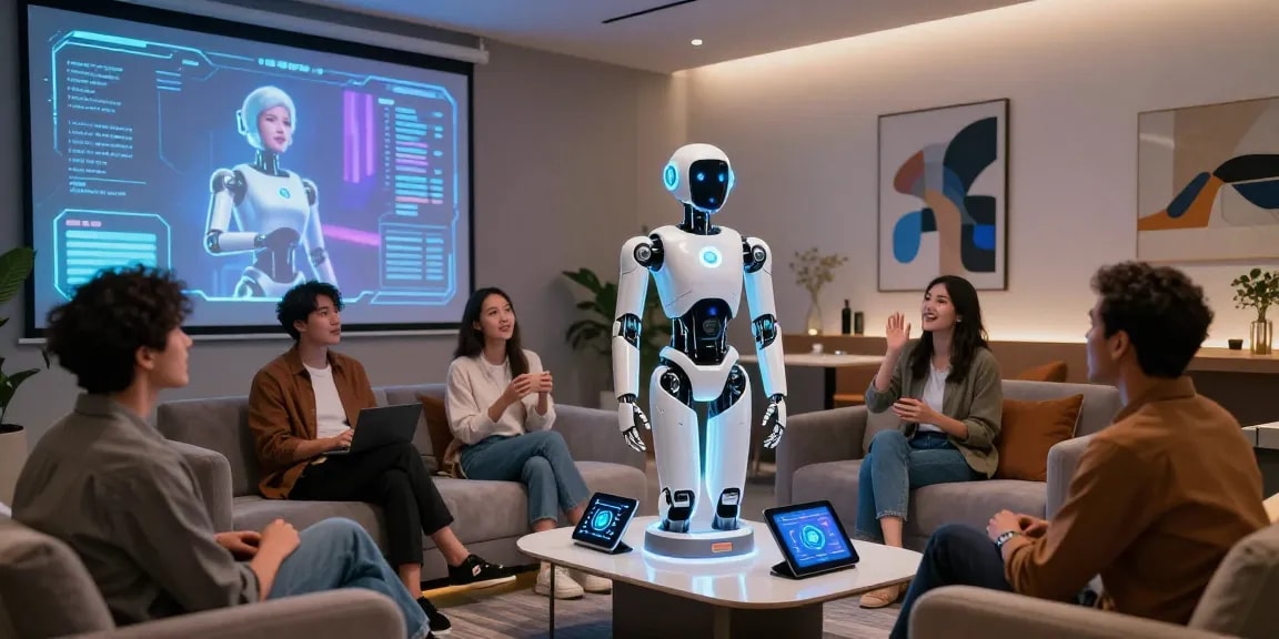 Engaging scene showcasing a diverse group interacting with a sex bot in a futuristic tech lounge