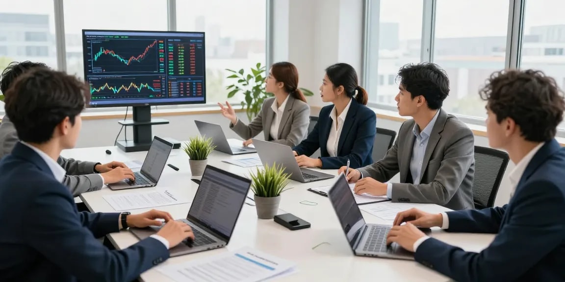 Business professionals strategizing on asset tracing analysis in a modern office.