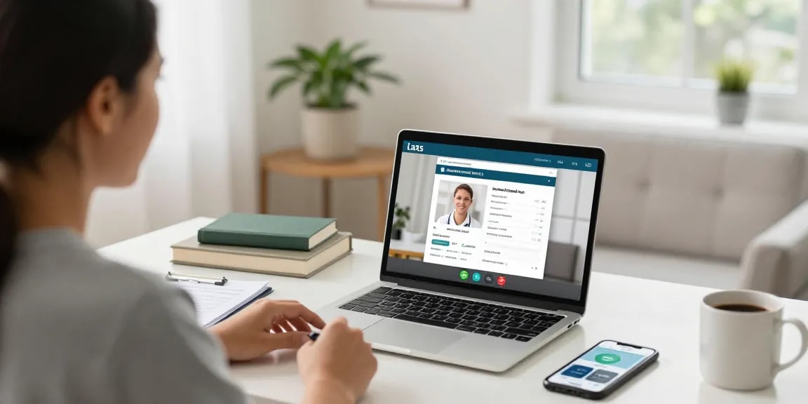 Online medical card Texas telemedicine consultation with patient and healthcare provider in a warm home office setting.