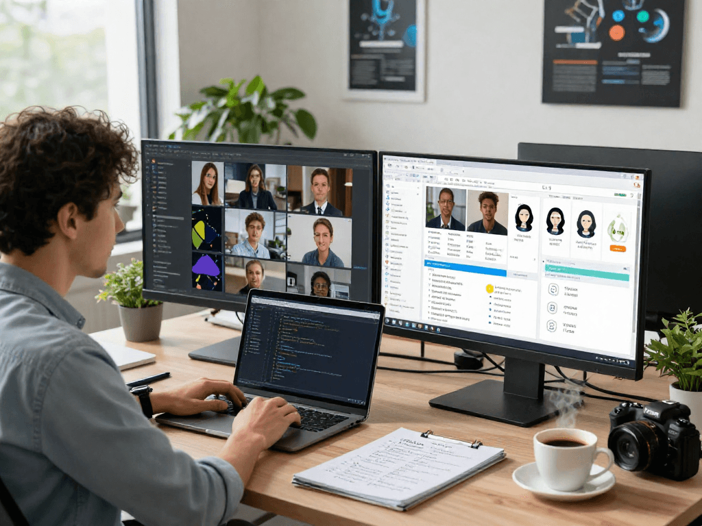 Detect AI image in a modern office with a data scientist analyzing flagged user content on dual monitors.