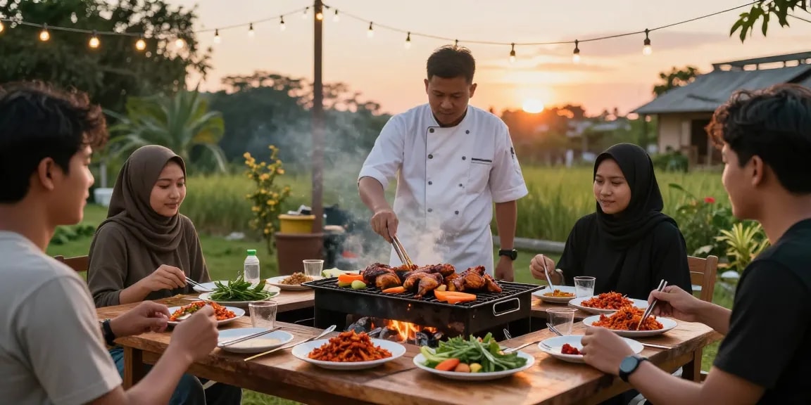 Grilling Ayam Bakar with sambal rawitan sauce at rokok88 outdoor barbecue.