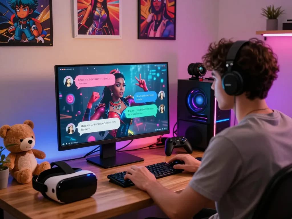Nsfw character AI chat scene with user interacting in a colorful digital space, showcasing vibrant dialogue and playful atmosphere.