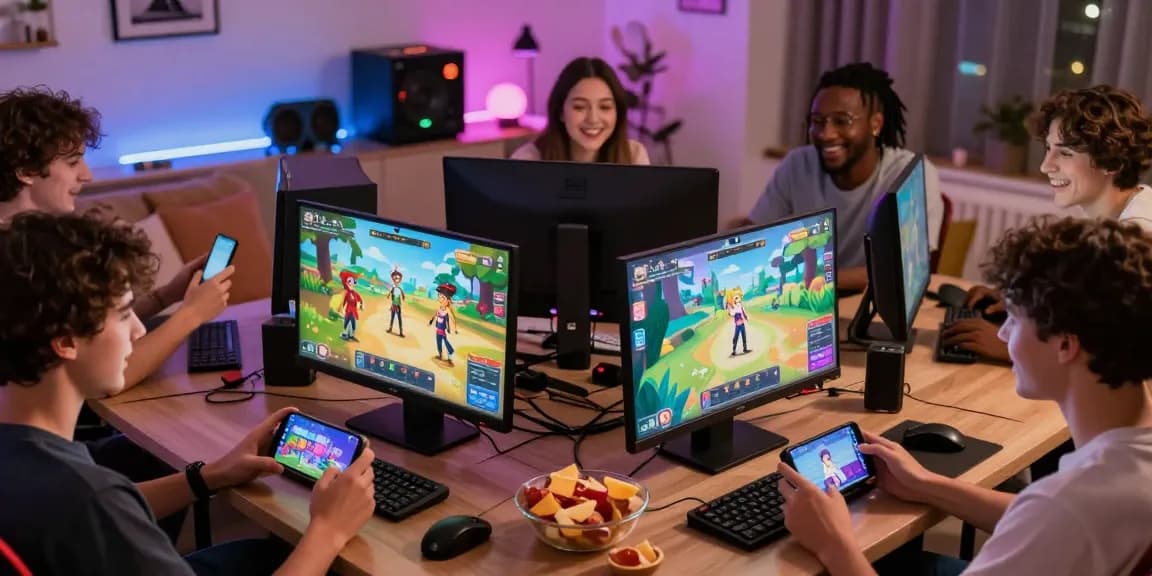 Dynamic gaming scene with players enjoying porngame on mobile and computers, vibrant atmosphere.