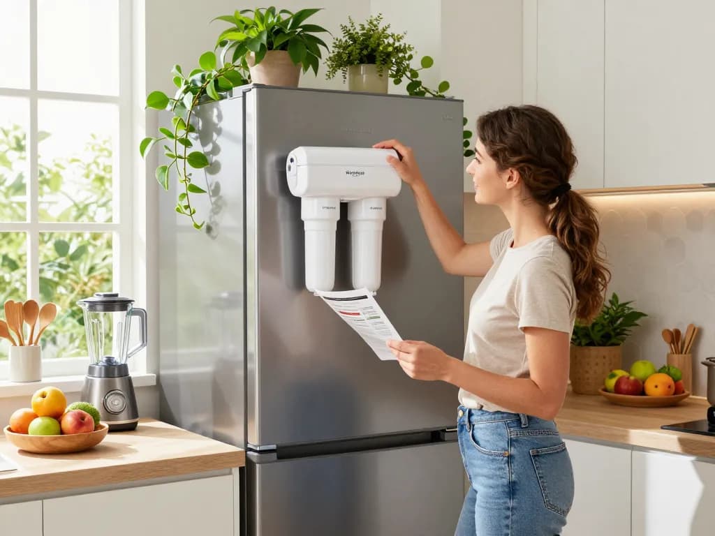 Woman installing Waterdrop 4396508 Replacement for Whirlpool® 4396510 filter in modern kitchen, showcasing clean water importance.