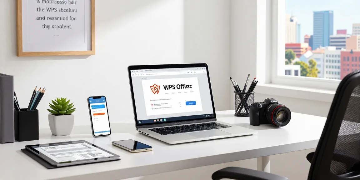 Downloading WPS Office on a modern laptop in a vibrant office workspace.