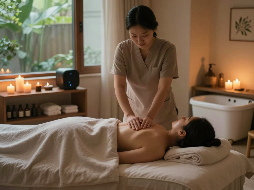 Serene scene showcasing 성동구출장마사지 with a therapist providing a calming massage in a peaceful spa.