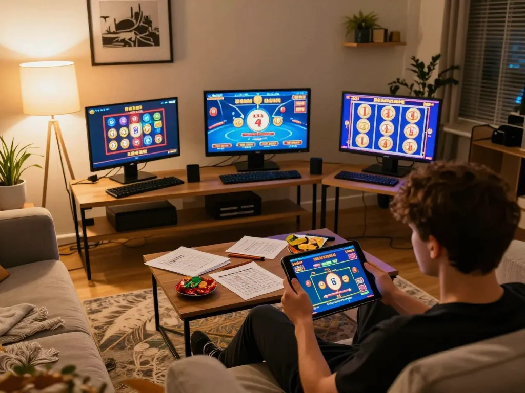 Bags168 user enjoying an online casino game on a tablet, showcasing smart gambling strategies in a cozy home setting.