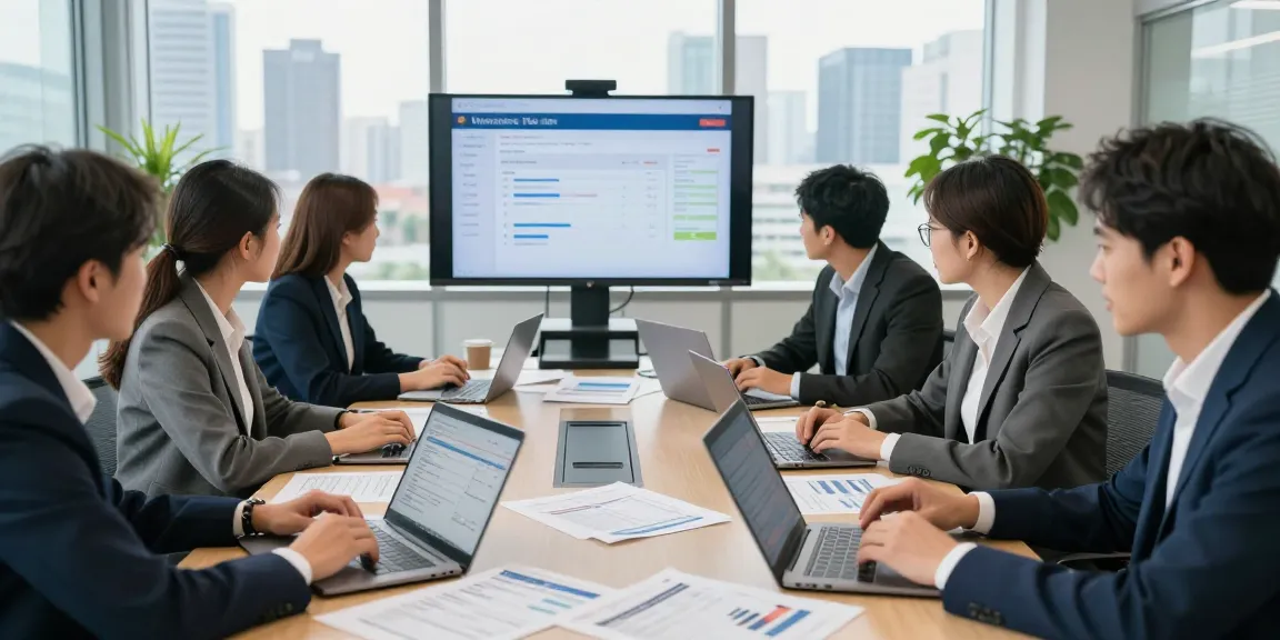 Detect fake invoice analysis in a modern office with professionals discussing financial data.