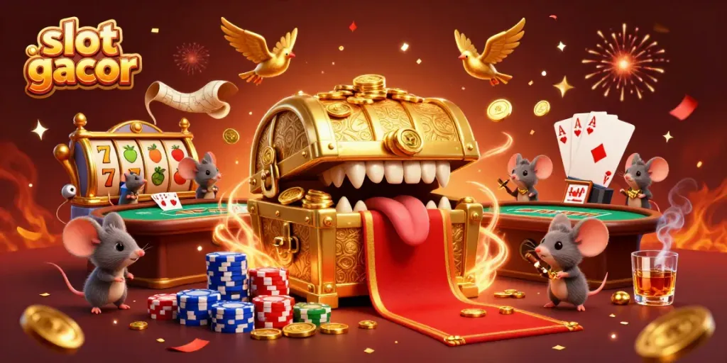 Engage in slot gacor adventures as animated treasure chest lures players in a vibrant casino scene.