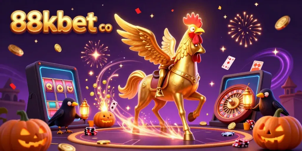 Join the thrilling excitement at 88kbet co with a golden rooster and spectral horse amidst casino games.