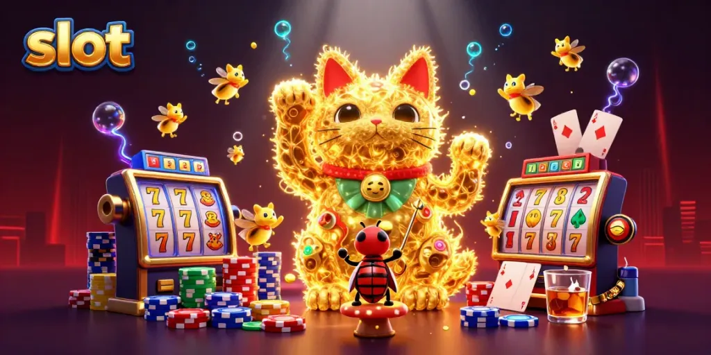 Experience thrilling slot action with a lucky cat and colorful casino elements