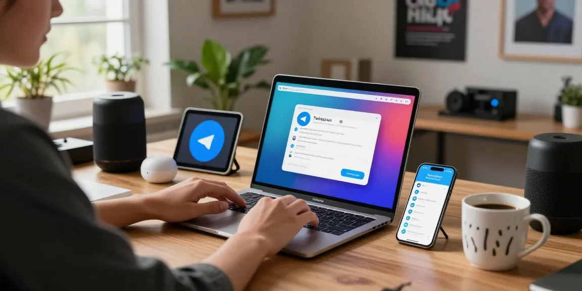 Engaging workspace showing Telegram app on laptop, emphasizing telegram官网 features and user connectivity.