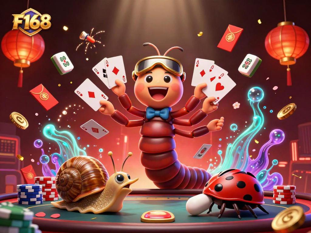 Experience thrilling poker action with F168 as a vibrant casino scene unfolds, featuring a millipede dealer and high-stakes elements.
