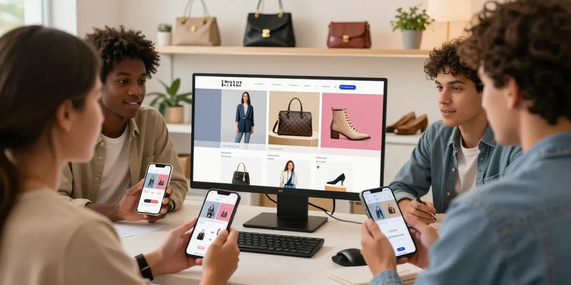 Engaging shopping scene showcasing https://shs-dome5.com/ with friends exploring stylish replica fashion items online.