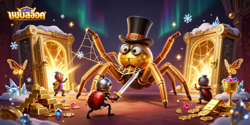 Engage in exciting แบบสล็อต adventures with a vibrant, cartoon illustration full of casino treasures and whimsical characters.