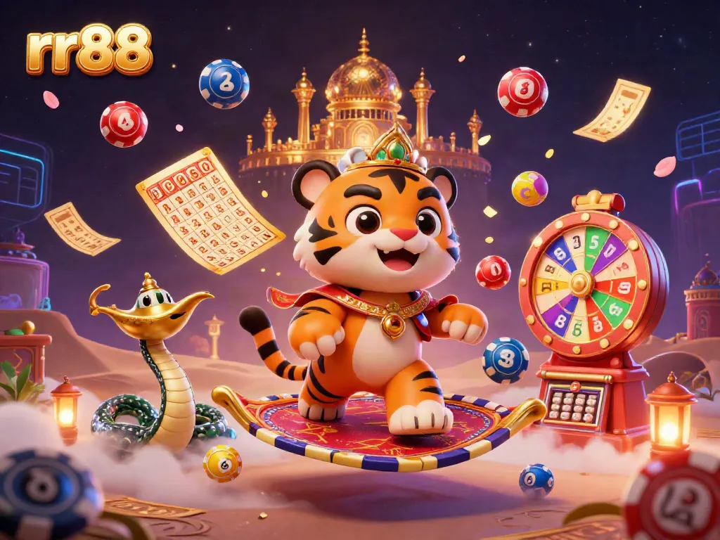 Engage with rr88's vibrant casino illustration featuring a tiger sultan and colorful lottery elements.