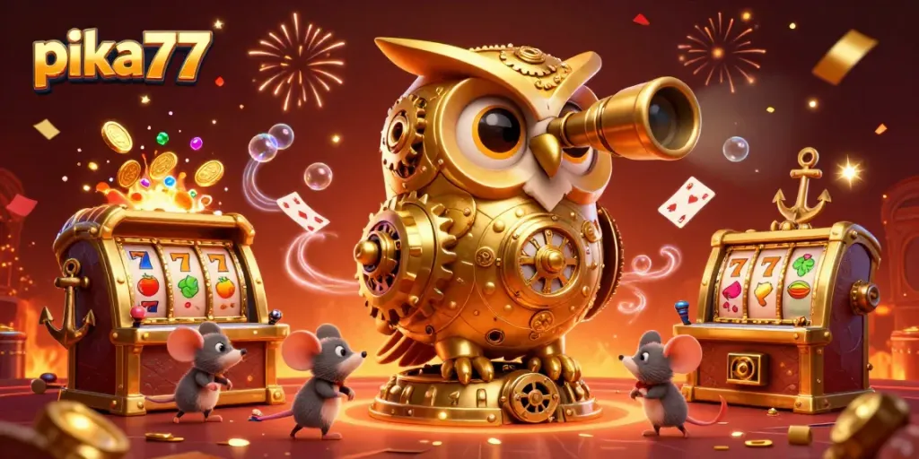 Experience excitement at pika77 as the clockwork owl watches over dynamic casino activities.
