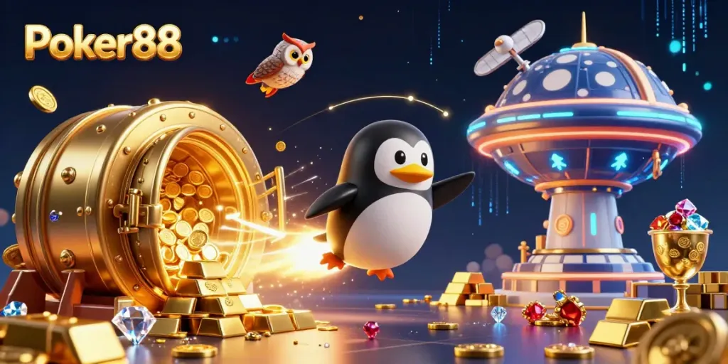 Experience excitement with Poker88 as a golden penguin navigates a cosmic casino adventure surrounded by treasures.