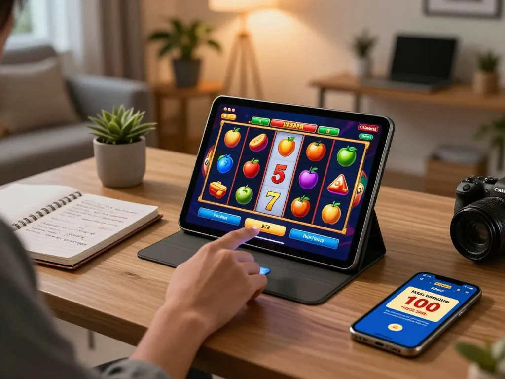 Engaging gameplay of slot bonus new member 100 offer on a tablet, showcasing colorful reels and strategic notes nearby.