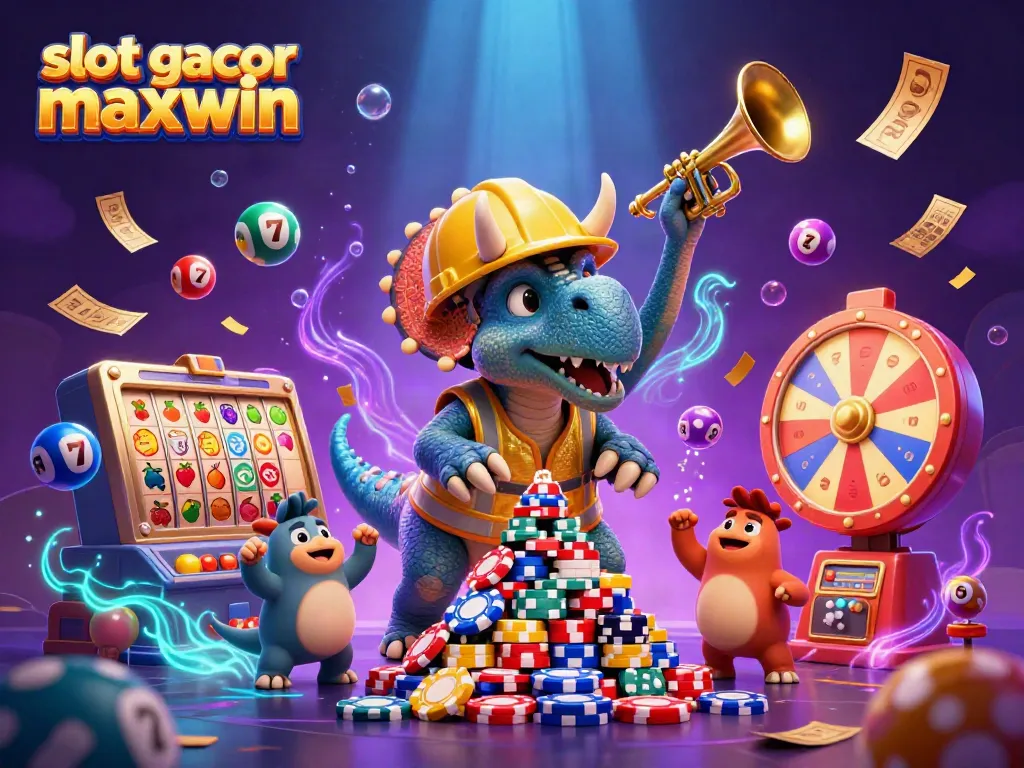Permainan slot gacor maxwin ditampilkan melibatkan triceratops dan parasaurolophus dalam ilustrasi 3D yang ceria.