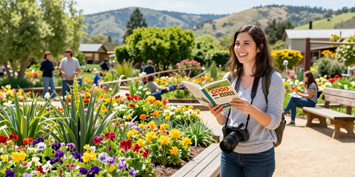 A traveler enjoying the colorful Capay Valley Garden Tour with NAGA2000 discounts, surrounded by blooming flowers.