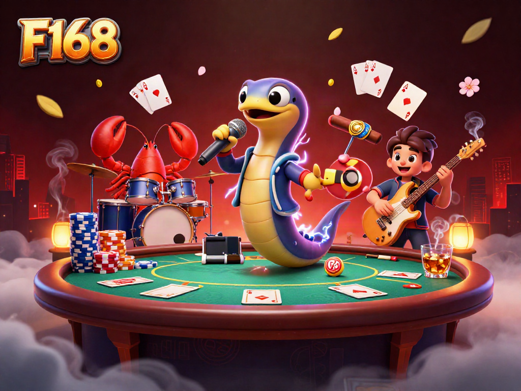 F168 electrifies the underwater casino stage with a dynamic DJ performance featuring vibrant gambling elements.