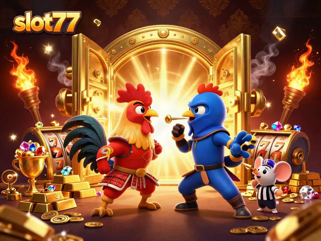 Slot777 menghadirkan pertandingan seru antara ayam jantan yang melawan dengan latar belakang kekayaan kasino.