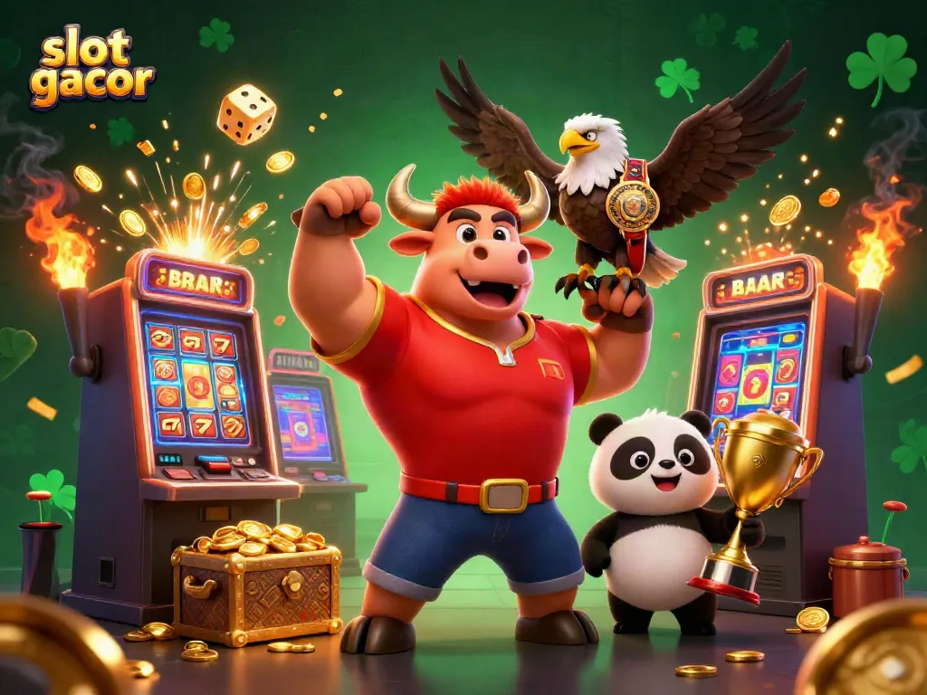 Engage with slot gacor's vibrant casino scene featuring a bull mascot, eagle, and panda with jackpot elements.