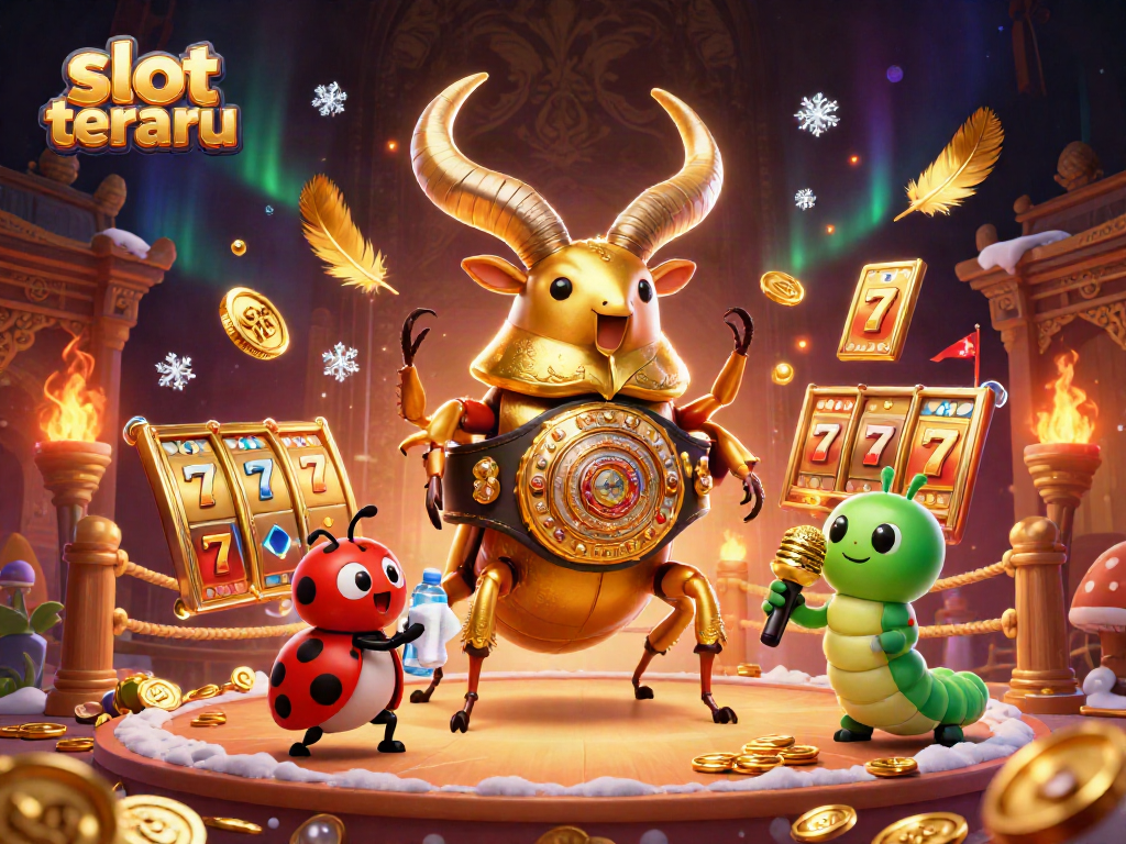 Experience the excitement of slot terbaru with a vibrant illustration of a golden stag beetle boxing champion.