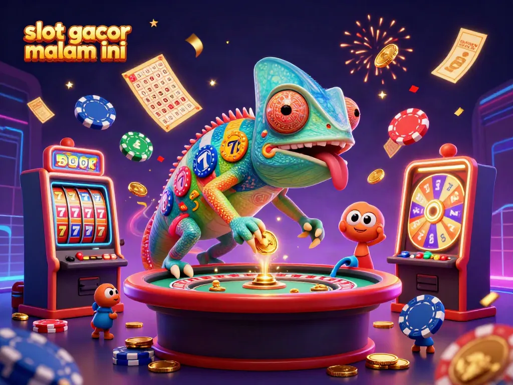Visualisasi strategi slot gacor malam ini dengan karakter kasino ceria dan elemen permainan yang menarik.