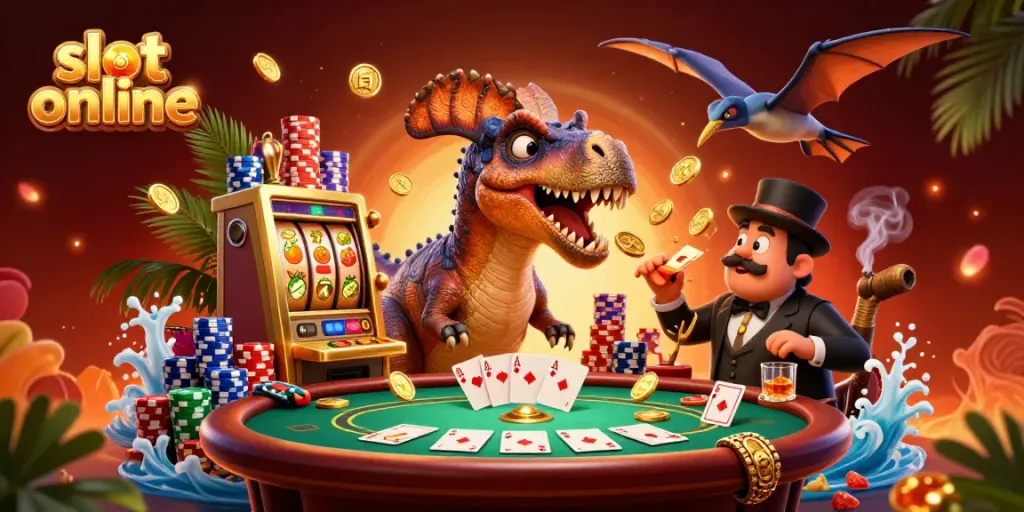Exciting slot online scene showing a 3D dinosaur interacting with a golden slot machine, illustrating casino fun.
