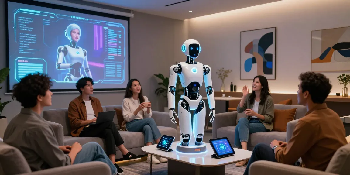 Engaging scene showcasing a diverse group interacting with a sex bot in a futuristic tech lounge