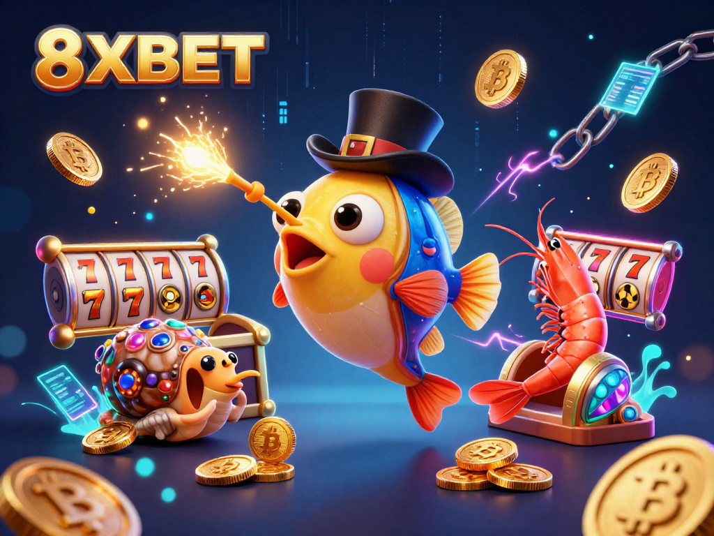 Engage in thrilling slot adventures with 8XBET featuring vibrant 3D characters and casino elements.