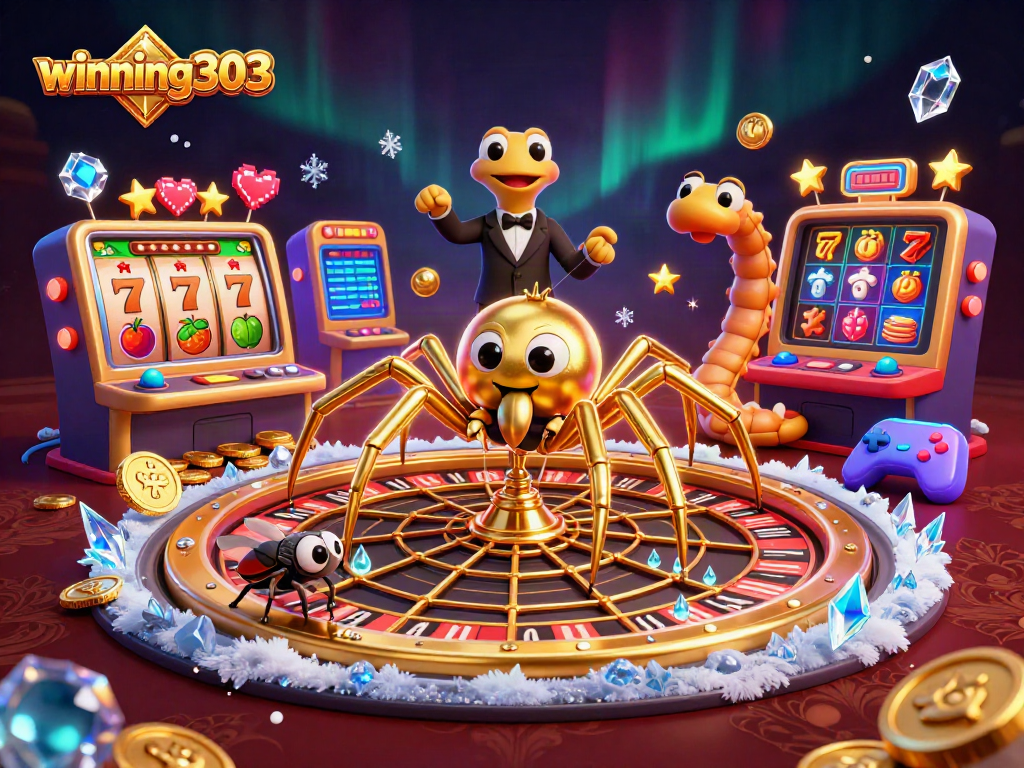 Winning303 spider spins a roulette wheel web as a nervous fly bets in a rich casino scene.