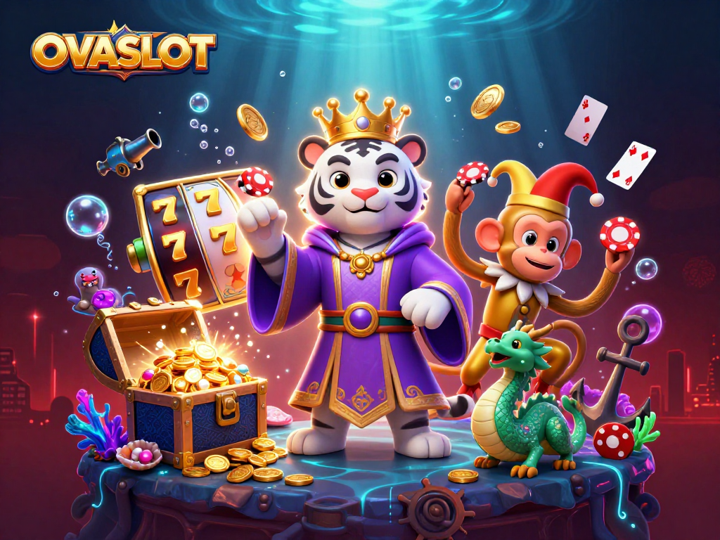 OVASLOT features a vibrant scene with a royal tiger, playful monkey, and jade dragon showcasing exciting slots action.