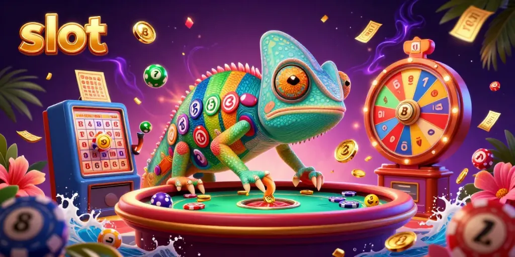 Engaging slot-themed illustration featuring a colorful chameleon casino owner amidst vibrant game elements.
