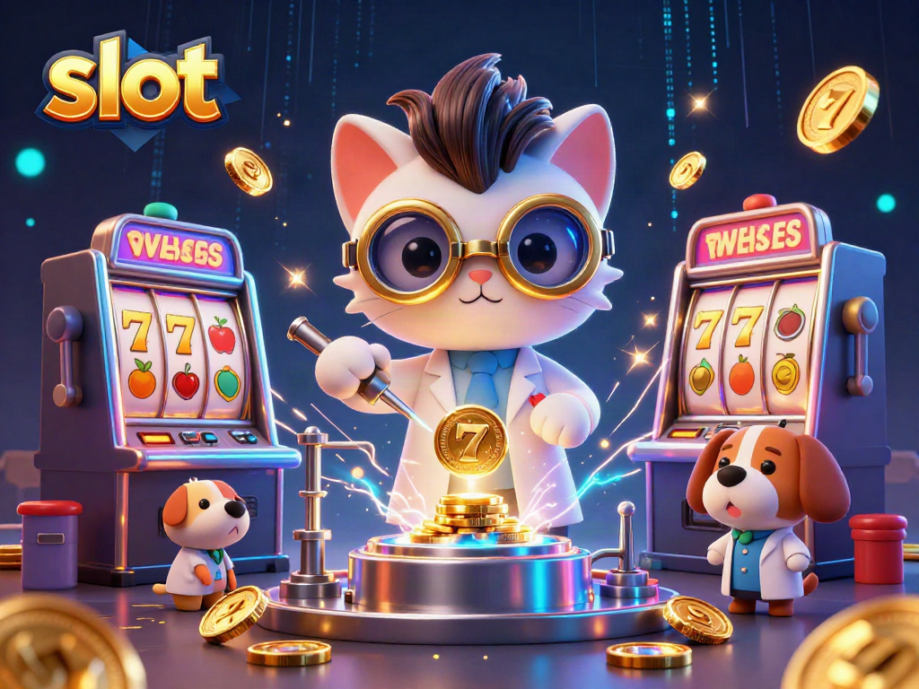 Spin the reels of slot machines as a mad scientist and dog create winning coins