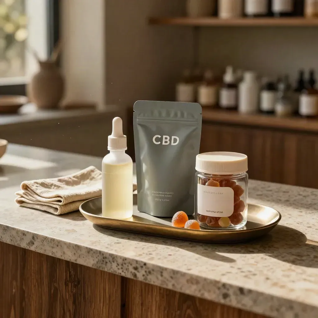 CBD starter bundle with oil, gummies and capsules in a warm retail lifestyle setting.